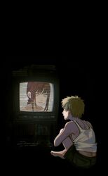  1boy bare_shoulders black_background blonde_hair chainsaw_man commentary crossover dark denji_(chainsaw_man) english_commentary female highres kamo_(kamonegioisi) looking_at_another looking_at_screen makima_(chainsaw_man) red_hair ringed_eyes screen_light serial_experiments_lain shirt short_hair sitting sleeveless sleeveless_shirt television watching_television yellow_eyes 