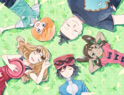  2girls 3boys :d ^_^ bad_id bad_pixiv_id black_eyes black_hair black_shirt breasts brown_hair calem_(pokemon) circle_formation closed_eyes collared_shirt commentary_request day grass green_eyes hat lying multiple_boys multiple_girls oikawa_(maa_0124) on_back open_mouth outdoors pokemon pokemon_adventures red_skirt serena_(pokemon) shauna_(pokemon) shirt skirt sleeveless sleeveless_shirt small_breasts smile sunglasses tierno_(pokemon) trevor_(pokemon) unworn_hat unworn_headwear white_shirt 