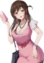  :o absurdres bag breasts brown_eyes brown_hair cellphone cleavage female handbag highres holding holding_phone kanojo_okarishimasu large_breasts long_hair looking_down mizuhara_chizuru open_mouth phone smartphone solo white_background yukiaka 