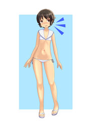  ^^^ absurdres aqua_background bikini black_hair border brown_eyes commentary_request cosplay female flat_chest flip-flops full_body highres kantai_collection looking_at_viewer lowleg lowleg_bikini miyuki_(kancolle) sailor_bikini sailor_collar sandals short_hair side-tie_bikini_bottom solo subprocedure swimsuit two-tone_background wavy_hair white_bikini white_border white_sailor_collar z3_max_schultz_(kancolle) z3_max_schultz_(kancolle)_(cosplay) z3_max_schultz_(swimsuit_mode)_(kancolle) 