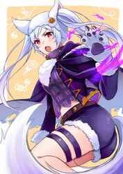  animal_ears animal_hands belt fake_animal_ears female fire_emblem fire_emblem_awakening fire_emblem_heroes fur_trim gloves grima_(fire_emblem) halloween halloween_costume highres ichino_tomizuki long_sleeves open_mouth paw_gloves red_eyes robin_(female)_(fire_emblem) robin_(female)_(halloween)_(fire_emblem) robin_(fire_emblem) shorts solo tail thigh_strap twintails white_hair wolf_ears wolf_tail 