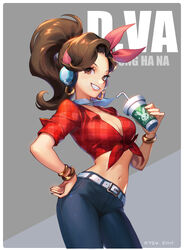  bangle belt belt_buckle blue_neckerchief blue_pants border bracelet brand_name_imitation breasts brown_eyes brown_hair buckle byam character_name cleavage collarbone contrapposto cowboy_shot crop_top cruiser_d.va cup d.va_(overwatch) disposable_coffee_cup disposable_cup drinking_straw earrings female front-tie_top grey_background grin hand_on_own_hip head_scarf headphones highres holding holding_cup hoop_earrings jewelry long_hair looking_at_viewer medium_breasts midriff navel neckerchief overwatch overwatch_1 pants pink_lips plaid plaid_shirt ponytail red_shirt shirt short_sleeves simple_background sleeves_rolled_up smile solo tight_clothes tight_pants unbuttoned unbuttoned_shirt unmoving_pattern white_belt white_border 