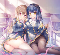  2girls :q absurdres ass blue_dress blue_hair blue_jacket blush braid breasts brown_eyes brown_hair brown_pantyhose chair classroom clothes_lift collared_shirt desk dress dress_lift hair_between_eyes hair_ornament hair_ribbon highres indoors jacket large_breasts licking_lips lifting_own_clothes light_particles long_hair long_sleeves looking_at_viewer maeda_shiori multiple_girls nanami_yuuno neck_ribbon no_panties on_floor open_clothes open_jacket panties panties_under_pantyhose pantyhose parted_lips pink_ribbon pleated_dress red_eyes ribbon school_chair school_desk school_uniform see-through see-through_legwear shirt sidelocks sitting smile sousouman thighband_pantyhose thighhighs tongue tongue_out twinbox_school underwear very_long_hair wet wet_clothes wet_shirt white_shirt white_thighhighs x_hair_ornament 