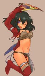  :d aira_(dq7) armor bikini_armor black_hair breasts cosplay dark-skinned_female dark_skin dragon_quest dragon_quest_vii female gloves groin hand_fan highres idolmaster idolmaster_cinderella_girls kamui_(chocokamui) looking_at_viewer natalia_(idolmaster) navel one_eye_closed open_mouth purple_eyes short_hair simple_background smile solo thighhighs 