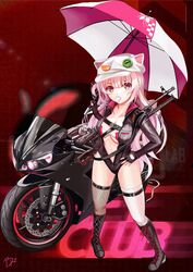  boots brz female girls&#039;_frontline gun highres long_hair motor_vehicle motorcycle official_alternate_costume pink_eyes pink_hair race_queen solo thigh_boots thighhighs ukm-2000 ukm-2000_(breakneck_whirlwind)_(girls&#039;_frontline) ukm-2000_(girls&#039;_frontline) weapon 