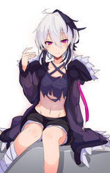  bandaged_leg bandages black_shorts coat commentary cowboy_shot criss-cross_halter crop_top female flower_(gynoid_talk) flower_(vocaloid) fur-trimmed_coat fur_trim gynoid_talk half-closed_eyes halterneck hand_up highres hood hooded_coat kujira_hebi light_smile looking_at_viewer medium_hair multicolored_hair purple_coat purple_eyes purple_hair shorts sidelocks sitting solo streaked_hair symbol-only_commentary torn_clothes vocaloid white_background white_hair 