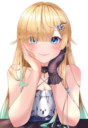  aizawa_ema aizawa_ema_(1st_costume) aqua_hair bare_arms bare_shoulders black_choker black_gloves blonde_hair blue_eyes blush breasts camisole choker cleavage criss-cross_halter female flower gloves gradient_hair hair_flaps hair_flower hair_ornament hair_ribbon hairclip halterneck hands_on_own_cheeks hands_on_own_face highres lace lace_choker long_hair looking_at_viewer multicolored_hair ribbon single_glove small_breasts solo straight_hair temari_maco virtual_youtuber vspo! white_camisole 