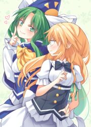  2girls bad_id bad_pixiv_id black_bow black_bowtie blonde_hair blue_capelet blue_headwear bow bowtie braid capelet commentary_request floral_background green_background green_eyes green_hair hat head_tilt heart highres ina_(inadahime) index_finger_raised kirisame_marisa long_hair long_sleeves looking_back mima_(touhou) multiple_girls no_headwear puffy_short_sleeves puffy_sleeves short_sleeves single_braid touhou touhou_(pc-98) wizard_hat yellow_bow yellow_bowtie yellow_eyes 