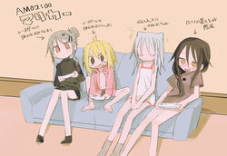  4girls agoshi_sakina ahoge bare_legs bare_shoulders black_eyes black_panties black_shirt blonde_hair blush brown_eyes brown_shirt butterfly_sitting camisole closed_eyes collared_shirt controller couch fish_hair_ornament game_controller glasses grey_hair hair_bun hair_ornament hair_over_shoulder half-closed_eyes indoors knees_up kokaki_mumose long_hair low_ponytail multiple_girls null-meta on_couch open_clothes open_mouth open_shirt panties pink_shirt playing_games red-framed_eyewear shirt sitting sleepy smile souen_chiaki sweat takada_shiyuki turtleneck underwear uozumi_kurumi white_camisole white_hair wii_remote yellow_eyes 