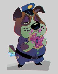  2020 animal_crossing anthro belly booker_(animal_crossing) bottomwear brown_body brown_fur canid canine canis chibi clothing dessert domestic_dog doughnut eating food fur kittykatmaniac male mammal nintendo overweight overweight_anthro overweight_male pants pastry police police_hat police_officer_eating_donut police_uniform shirt solo topwear uniform 