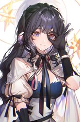  alternate_costume arknights astesia_(arknights) astesia_(starseeker)_(arknights) bad_id bad_twitter_id bangle black_gloves blue_eyes blue_hair blush bonnet bracelet breasts commentary_request dress elbow_gloves eojjeodagaileohgedwaessji female gloves hand_up highres jewelry korean_commentary long_hair looking_at_viewer medium_breasts official_alternate_costume puffy_sleeves sidelocks smile solo wavy_hair 