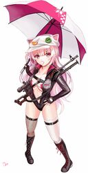  absurdres boots brz female girls&#039;_frontline gun highres long_hair official_alternate_costume pink_eyes pink_hair race_queen solo thigh_boots thighhighs ukm-2000 ukm-2000_(breakneck_whirlwind)_(girls&#039;_frontline) ukm-2000_(girls&#039;_frontline) weapon 