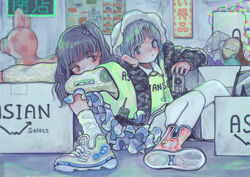  2girls bangs black_hair black_jacket blunt_bangs boots box brown_eyes can full_body green_eyes grey_hair highres holding holding_can jacket long_sleeves multiple_girls original shoes sitting toyux2 