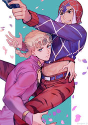  2boys 723_(tobi) abs beanie belt black_eyes blonde_hair closed_mouth crop_top earrings giorno_giovanna green_eyes grin guido_mista gun hat holding holding_gun holding_weapon jacket jewelry jojo_no_kimyou_na_bouken long_sleeves looking_at_viewer male_focus midriff multiple_boys muscular muscular_male navel orange_headwear orange_pants pants pink_jacket pink_pants revolver smile teeth vento_aureo weapon 