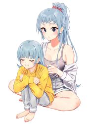  2girls barefoot black_eyes blue_hair braiding_hair breasts cleavage closed_eyes collarbone crossed_arms crossed_legs hairdressing hand_in_another&#039;s_hair has_bad_revision has_downscaled_revision highres holding holding_another&#039;s_hair kawasaki_keika kawasaki_saki long_hair long_sleeves md5_mismatch multiple_girls nail_polish pink_scrunchie ponkan_8 ponytail resolution_mismatch scrunchie shorts siblings simple_background sisters sitting sitting_on_lap sitting_on_person smile source_smaller very_long_hair wariza white_background yahari_ore_no_seishun_lovecome_wa_machigatteiru. 