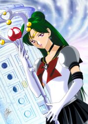  back_bow bishoujo_senshi_sailor_moon bishoujo_senshi_sailor_moon_stars black_choker black_sailor_collar black_skirt bow brooch choker circlet dutch_angle earrings elbow_gloves female garnet_rod gloves green_hair grey_bow hair_bun jewelry long_hair looking_at_viewer magical_girl marco_albiero meiou_setsuna parted_lips pleated_skirt puffy_sleeves red_bow red_eyes sailor_collar sailor_pluto sailor_senshi_uniform shiny_skin signature single_hair_bun skirt smile solo star_(symbol) star_brooch star_choker star_earrings super_sailor_pluto_(stars) upper_body white_gloves 