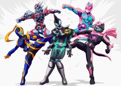  4boys animal_hood armor bat_genome battle black_armor black_horns blue_eyes cobra_(animal) cobra_genome demons_driver everyone female gloves highres hood horns kamen_rider kamen_rider_demons kamen_rider_evil kamen_rider_jeanne kamen_rider_revi kamen_rider_revice kamen_rider_vice multiple_boys otokamu pink_armor pink_scarf revice_driver rex_genome rider_kick scarf sharp_teeth siblings single_horn spider_genome teamwork teeth tokusatsu two_sidriver 