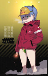  atte_nanakusa blue_hair cigarette female green_eyes hand_in_pocket hard_hat helmet heterochromia highres jacket no_pants original red_eyes scout_(atte_nanakusa) shaded_face shoshinsha_mark simple_background smoking solo translated twintails visor_cap 