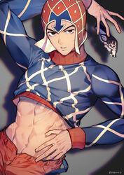  1boy 723_(tobi) abs argyle_clothes argyle_sweater beanie black_eyes blue_shirt crop_top guido_mista gun hat highres holding holding_gun holding_weapon jojo_no_kimyou_na_bouken long_sleeves looking_at_viewer male_focus midriff muscular muscular_male navel open_mouth orange_hat orange_pants pants revolver scar scar_on_chest shirt solo sweater teeth turtleneck vento_aureo weapon 