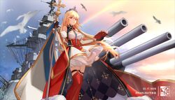  1939 absurdres artillery azur_lane bare_shoulders bird black_gloves book breasts character_name cleavage crown detached_sleeves dress feet_out_of_frame female flag fur-trimmed_dress fur_trim gloves gold_trim hair_between_eyes half_gloves highres holding holding_book holding_flag juliet_sleeves long_hair long_sleeves looking_at_viewer medium_breasts military military_vehicle off-shoulder_dress off_shoulder open_book orange_hair puffy_detached_sleeves puffy_sleeves purple_eyes rainbow red_thighhighs rein_yukimatsu richelieu_(azur_lane) ship solo striped_sleeves thigh_strap thighhighs turret vehicle_and_personification very_long_hair warship watercraft white_bird white_dress zettai_ryouiki 