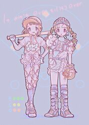  2girls baseball_bat baseball_mitt boots braid brown_hair gloves green_eyes hat helmet highres holding holding_baseball_bat long_hair looking_at_viewer multiple_girls original purple_eyes shoes short_sleeves toyux2 twin_braids twintails 