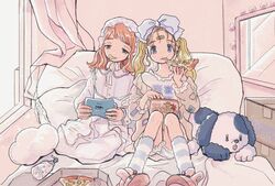  2girls blonde_hair blue_eyes bow chips curtains dress eating food food_in_mouth hairbow holding holding_food knees_up long_hair medium_hair multiple_girls orange_hair original pillow pizza potato_chips slippers socks toyux2 twintails white_bow white_dress window 