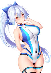  arm_behind_back bare_shoulders blue_bow blush bow breasts closed_mouth competition_swimsuit cowboy_shot fate/grand_order fate_(series) female grey_hair groin hairbow hand_up highleg highleg_swimsuit highres impossible_clothes impossible_swimsuit large_breasts long_hair looking_at_viewer one-piece_swimsuit ponytail red_eyes simple_background skindentation smile solo swimsuit thigh_strap thighs tomoe_gozen_(fate) tomoe_gozen_(swimsuit_saber)_(fate) tomoe_gozen_(swimsuit_saber)_(first_ascension)_(fate) turtleneck turtleneck_one-piece_swimsuit very_long_hair white_background yuunagi_(0217) 