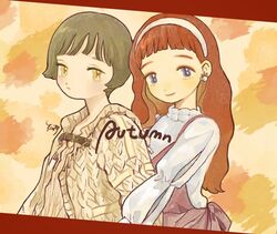  2girls autumn bangs blunt_bangs blush brown_hair earrings extra_pupils hairband jewelry long_hair long_sleeves looking_at_viewer multiple_girls orange_background original purple_eyes shirt short_hair smile toyux2 upper_body white_hairband white_shirt yellow_eyes 