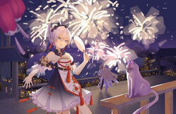  3girls absurdres aerial_fireworks back bare_shoulders bianka_durandal_ataegina blue_eyes chinese_clothes chinese_new_year city city_lights cityscape dress feline fireworks hair_between_eyes hand_fan happy_new_year highres holding honkai_(series) honkai_impact_3rd lantern long_hair looking_at_viewer multiple_girls new_year night night_sky outdoors rita_rossweisse sky theresa_apocalypse yichuanxue zhuge_kongming_(honkai_impact) 