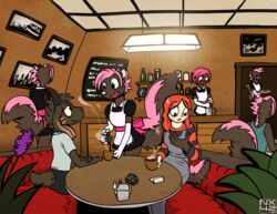  anthro bovid cafe caprine clone clothing female gloves goat group handwear human human_to_anthro immelmann maid_uniform male mammal mephitid mid_transformation nicole_o&#039;connor skunk species_transformation transformation twinning uniform 