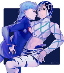  2boys 723_(tobi) alternate_color alternate_hair_color beanie black_background black_eyes black_hair black_headwear blue_eyes blue_hair blue_jacket border crop_top earrings giorno_giovanna guido_mista hat jacket jewelry jojo_no_kimyou_na_bouken long_hair long_sleeves looking_at_viewer looking_back midriff multiple_boys navel pants shirt twitter_username vento_aureo white_border white_pants white_shirt 