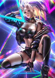  akali artist_name black_hair blonde_hair blue_eyes breasts choker cleavage eyeshadow female fingerless_gloves gloves high_ponytail highres jacket k/da_(league_of_legends) large_breasts league_of_legends liang_xing lips looking_at_viewer makeup midriff multicolored_hair navel nose off_shoulder open_clothes open_jacket over-kneehighs parted_lips patreon_username ponytail short_hair shorts shrug_(clothing) signature single_fingerless_glove solo squatting streaked_hair the_baddest_akali thigh_strap thighhighs two-tone_hair web_address 