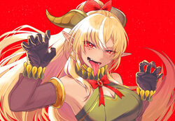  bad_id bad_pixiv_id bare_shoulders blonde_hair bow breasts claw_pose cleavage commentary_request dark-skinned_female dark_skin dragon_horns dress elbow_gloves elf facial_mark fangs female fingernails gloves green_dress hairbow halter_dress halterneck high_ponytail highres hololive horns long_hair long_tongue multicolored_hair neck_ruff omu_omelette pointy_ears red_background red_eyes salamander_(vocaloid) see-through see-through_sleeves sharp_fingernails shiranui_flare sidelocks sleeveless sleeveless_dress solo streaked_hair tongue virtual_youtuber 