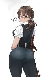  1girls big_ass big_breasts blush brown_eyes brown_hair clothing from_behind glasses gregor_(limbus_company) hand_on_hip limbus_company looking_back medium_hair project_moon rule_63 smoking uniform 