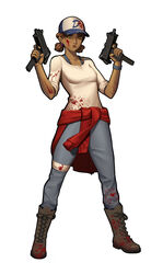  blood bloody_clothes boots brown_eyes brown_hair clementine_(the_walking_dead) clothed dark-skinned_female dark_skin dual_wielding female female_focus female_only gun minqi short_hair simple_background the_walking_dead the_walking_dead:_a_new_frontier the_walking_dead_game weapon white_background 