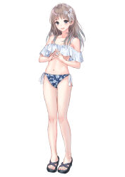  absurdres atelier_(series) atelier_totori bikini blush breasts commentary_request female floral_print full_body grey_eyes grey_hair hair_ribbon highres kishida_mel long_hair looking_at_viewer navel open_mouth print_bikini ribbon sandals simple_background small_breasts smile solo steepled_fingers swimsuit toes totooria_helmold white_background 