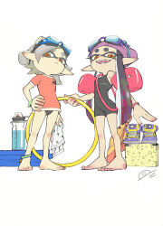  +_+ 2girls absurdres alternate_costume black_hair callie_(splatoon) cousins goggles goggles_on_head goggles_on_headwear grey_hair highres holding holding_towel hoop hula_hoop inflatable_armbands ink_tank_(splatoon) inkling ke_sarami looking_at_viewer marie_(splatoon) multiple_girls shoes smile splatoon_(series) swimsuit towel wet wristband 