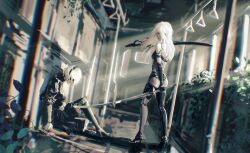  2b_(nier:automata) 2girls a2_(nier:automata) android ass bare_shoulders black_blindfold black_dress black_gloves black_hairband blindfold boots breasts covered_eyes dress dutch_angle elbow_gloves feather-trimmed_sleeves feather_trim from_side gloves hairband handle head_down high_heel_boots high_heels highres holding holding_sword holding_weapon injury joints juliet_sleeves katana light_rays long_hair long_sleeves looking_at_another looking_down medium_breasts multiple_girls nier:automata nier_(series) overgrown plant pole puffy_sleeves robot_joints scenery shadow short_hair sitting standing sunbeam sunlight sword thighhighs train train_interior type-4o_sword virtuous_contract weapon white_hair yautja 