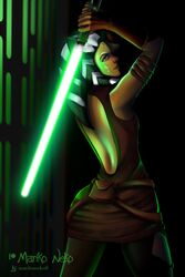  1girls ahsoka_tano alien alien_girl black_background clone_wars clothed female lightsaber low_light marikoneko marikoneko0 star_wars text the_clone_wars:_season_four togruta 