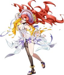  ahoge ankle_ring anklet arm_behind_head bare_shoulders black_pantyhose black_sandals black_shorts breasts cape celica_(langrisser) cleavage cleavage_cutout clothing_cutout collar curtained_hair female floating floating_clothes floating_hair floral_print flower full_body game_cg gold_anklet grin hair_flower hair_ornament halterneck hat hat_flower highres jacket jewelry langrisser langrisser_mobile large_breasts leg_up legs long_hair long_sidelocks looking_at_viewer nail_polish navel o-ring o-ring_thigh_strap official_alternate_costume official_art open_clothes open_jacket open_mouth pantyhose parted_bangs purple_eyes purple_flower purple_hat purple_ribbon red_hair ribbon sandals second-party_source see-through_cape see-through_clothes see-through_shirt see-through_sleeves shirt short_shorts shorts sidelocks simple_background single_leg_pantyhose smile solo standing standing_on_one_leg stomach straw_hat sun_hat tachi-e thigh_strap toenail_polish toenails toes transparent_background very_long_hair waist_cape waist_ribbon white_shirt yellow_flower yellow_jacket 