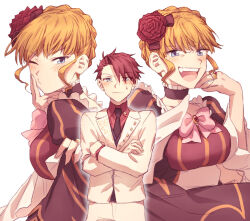  1boy beatrice_(umineko) black_dress black_necktie blonde_hair blue_eyes bow breasts closed_mouth collared_shirt crossed_arms dress female flower gem hair_flower hair_ornament highres hswoimuxk0pwr0h_(bbdan) large_breasts looking_at_viewer multiple_views necktie one_eye_closed pants pink_bow red_flower red_gemstone red_hair red_rose red_shirt rose shirt sidelocks simple_background suit sweatdrop teeth umineko_no_naku_koro_ni upper_teeth_only ushiromiya_battler white_background white_pants white_suit 