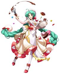  :d ahoge apron baking bare_shoulders bowl braid breasts candy candy_bar chef_hat chocolate chocolate_bar chocolate_making chocolate_on_hand cleavage cleavage_cutout clothing_cutout cooking curtained_hair detached_sleeves donut dress female flat_top_chef_hat floating floating_clothes floating_hair floating_object flower food food_on_hand frilled_apron frilled_dress frilled_hat frills full_body game_cg gold_trim green_hair hair_ribbon hat heart heart-shaped_chocolate heart-shaped_food highres holding holding_bowl holding_whisk langrisser langrisser_iv langrisser_mobile leg_up long_hair looking_at_viewer medium_breasts mixing mixing_bowl multicolored_dress official_alternate_costume official_art open_mouth orange_eyes pantyhose parted_bangs pink_dress pink_ribbon pink_sleeves pleated_dress red_flower red_ribbon red_rose red_shoes ribbon rose schelfaniel_(langrisser) second-party_source shoes simple_background smile solo standing standing_on_one_leg tachi-e transparent_background twin_braids twintails very_long_hair waist_ribbon whisk white_apron white_hat white_pantyhose 