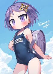  backpack bag blue_one-piece_swimsuit blush breasts closed_mouth commentary_request commission competition_school_swimsuit cowboy_shot crocell_(megido72) dot_mouth female highres megido72 name_tag nanatsuta one-piece_swimsuit purple_bag purple_eyes purple_hair randoseru school_swimsuit short_hair skeb_commission small_breasts solo swimsuit 