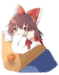  arm_rest armpit_peek bare_shoulders bow brown_eyes brown_hair covered_mouth detached_sleeves female food fruit hairbow hakurei_reimu long_hair looking_at_viewer mandarin_orange namori_(style) sasaki_sakiko simple_background solo table touhou upper_body white_background 