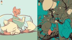  16:9 2020 ambiguous_gender anthro barefoot bat book bottomwear buckteeth canid canine charlie_(weaver) clay_(enginetrap) closed_eyes clothed clothing color_swatch deke_(ittybittykittytittys) disney duo fan_character feeding feet fox green_background half-closed_eyes head_tuft hi_res holding_book holding_object ittybittykittytittys leaning leaning_backward mammal marty_(weaver) megabat multiple_images mustelid musteline narrowed_eyes open_mouth outside pack_street pillow plant restricted_palette rodent sciurid shirt shorts simple_background sitting sleeping t-shirt teeth topwear tree true_musteline tuft weasel widescreen zootopia 