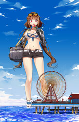  absurdres artist_name belt bikini black_shorts blue_sky breasts brown_hair cleavage cloud commentary day eating english_commentary eudetenis female ferris_wheel food giant giantess girls&#039;_frontline highres holding holding_food js_9_(girls&#039;_frontline) js_9_(orca&#039;s_journey)_(girls&#039;_frontline) large_breasts layered_bikini low_twintails mechanical_arms mole mole_under_eye navel ocean official_alternate_costume open_clothes open_fly open_mouth open_shorts outdoors popsicle prosthesis prosthetic_arm red_eyes short_shorts shorts sky solo swimsuit twintails unbuttoned watermelon_bar white_belt white_bikini 