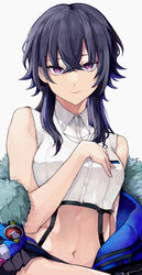  absurdres badge black_hair black_skirt blue_hair blue_jacket breasts chains character_name collared_shirt cropped_shirt female fur_trim hair_between_eyes hand_on_own_chest highres ichinose_uruha ichinose_uruha_(4th_costume) jacket linked_collar looking_at_viewer lupinus_virtual_games medium_breasts medium_hair multicolored_hair naguraya_naikai navel off_shoulder open_clothes open_jacket pleated_skirt purple_eyes shirt simple_background sitting skirt sleeveless sleeveless_shirt smile solo strap streaked_hair swept_bangs thighs virtual_youtuber vspo! white_background white_shirt wolf 