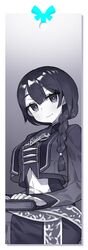  alter_ego_(game) book bookmark braid es_(alter_ego) female greyscale highres holding holding_book itsumo_nokoru long_sleeves looking_at_viewer monochrome single_braid smile solo spot_color 