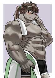  abs anthro black_fingernails black_nails blush bodily_fluids bottomwear brown_hair bulge catoblepas_(tas) clothing colored_nails embarrassed eyewear fingernails glasses hair hi_res lifewonders male muscular muscular_anthro muscular_male nails nipples pecs ponytail shorts solo sweat tokyo_afterschool_summoners towel vein zeroru1111 