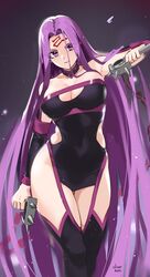  artist_name bare_shoulders black_dress black_sleeves black_thighhighs breasts cleavage cleavage_cutout clothing_cutout collarbone detached_sleeves dress facial_mark fate/grand_order fate/stay_night fate_(series) female forehead_mark highres large_breasts long_hair looking_at_viewer medusa_(fate) medusa_(rider)_(fate) medusa_(rider)_(third_ascension)_(fate) nameless_dagger_(fate) oliver_koito parted_bangs purple_eyes purple_hair revealing_clothes short_dress solo strapless strapless_dress thighhighs very_long_hair 